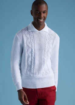 Paul Stuart Sweaters^Aran Cable Mock Neck Cotton Sweater White
