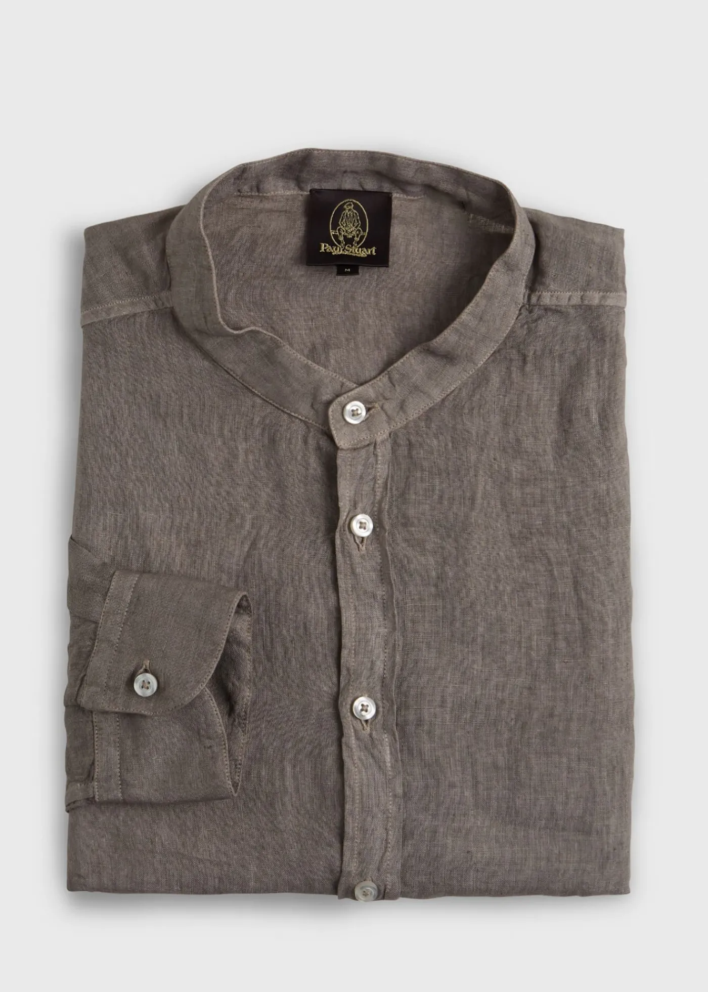 Paul Stuart Sport Shirts^Band Collar Washed Linen Shirt Taupe