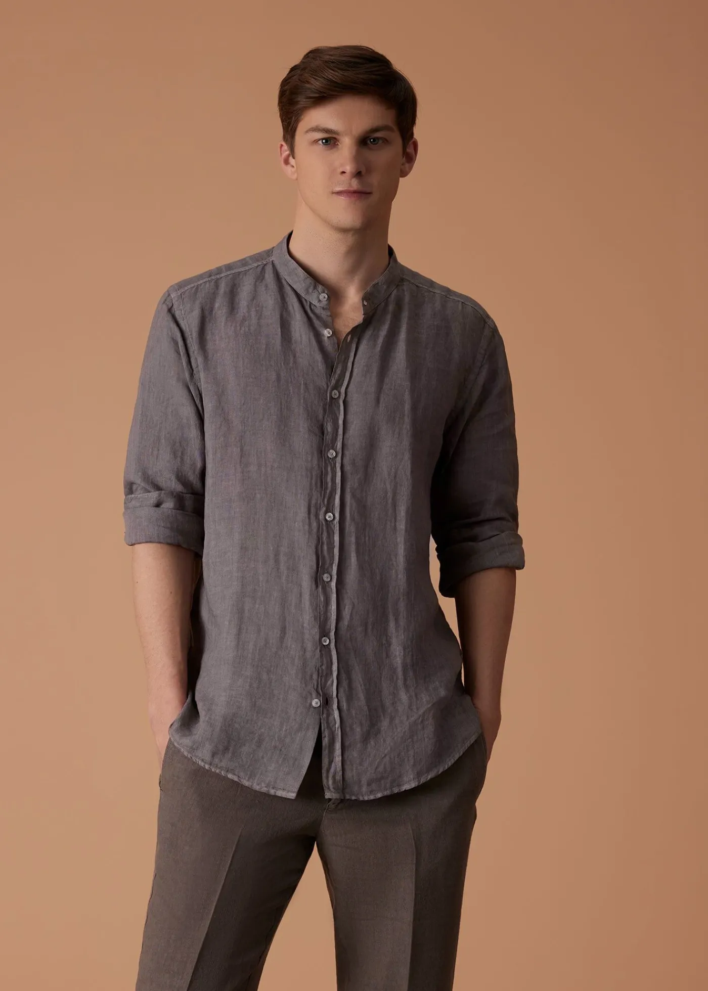 Paul Stuart Sport Shirts^Band Collar Washed Linen Shirt Taupe