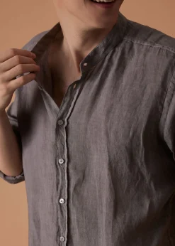 Paul Stuart Sport Shirts^Band Collar Washed Linen Shirt Taupe