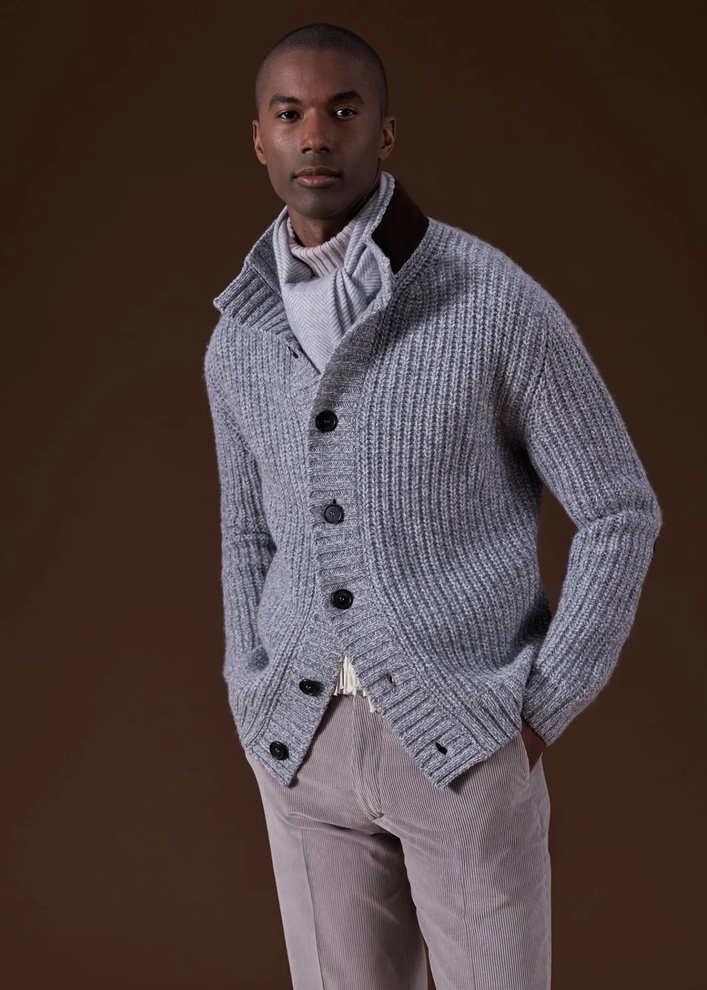 Paul Stuart Sweaters^Button Front Cardigan With Suede Trim Silver