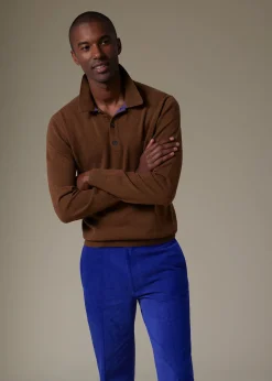 Paul Stuart The Cashmere Shop|Sweaters^Cashmere Long Sleeve Polo With Suede Brown/Lavender