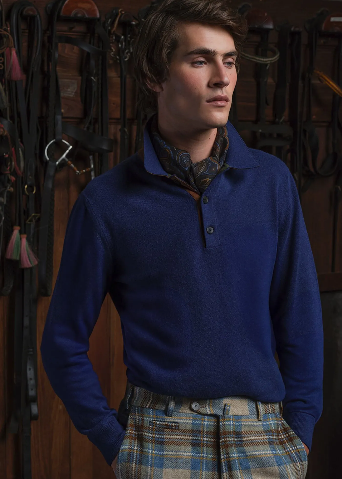 Paul Stuart The Cashmere Shop|Sweaters^Cashmere Long Sleeve Polo With Suede Blue/Olive