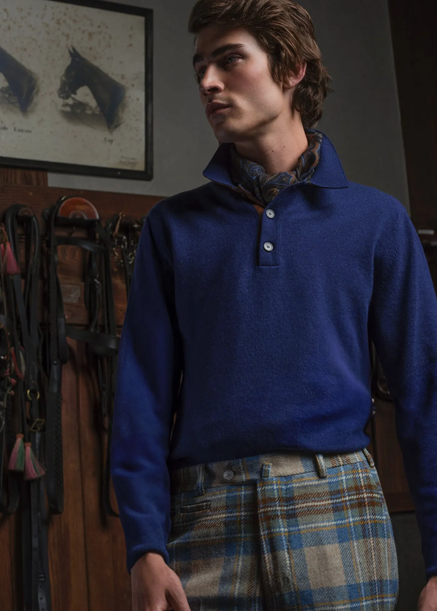 Paul Stuart The Cashmere Shop|Sweaters^Cashmere Long Sleeve Polo With Suede Blue/Olive
