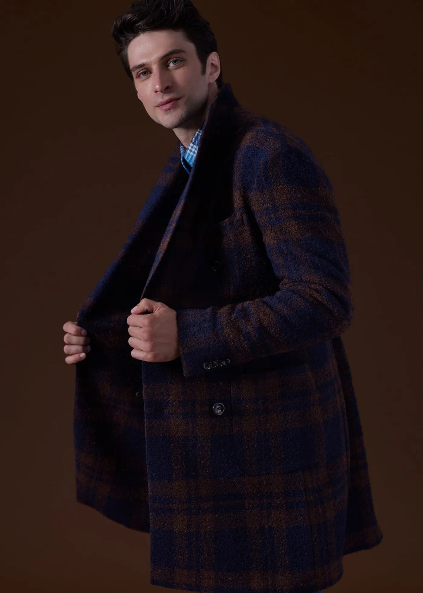 Paul Stuart Overcoats|Outerwear^Double Breasted Boucle Plaid Coat Navy/Brown