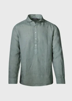 Paul Stuart Sport Shirts^Linen Half Placket Sport Shirt Olive