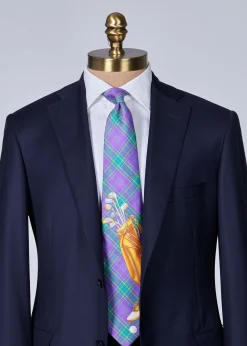 Paul Stuart Ties^Plaid Golf Bag Print Silk Tie Purple