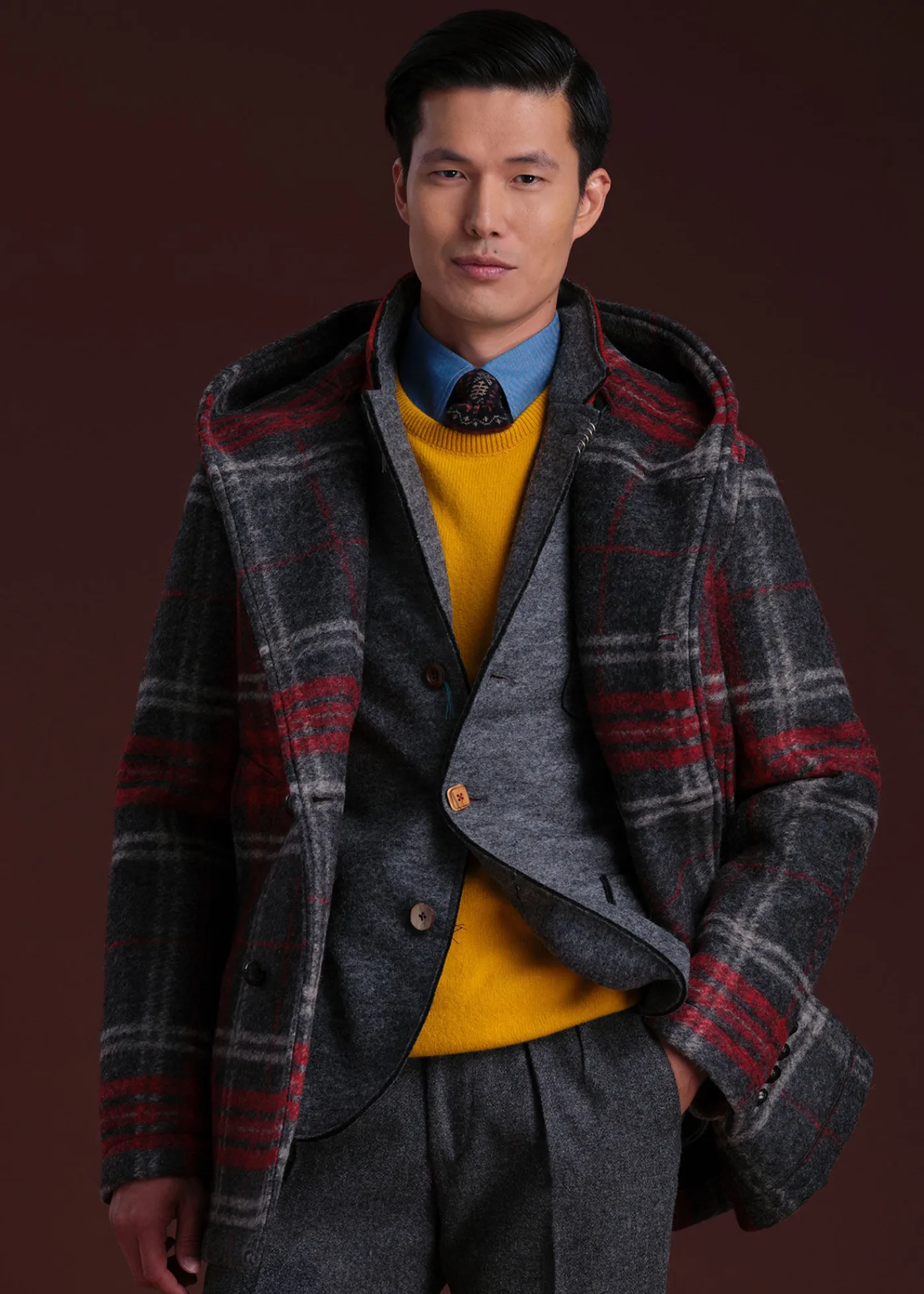 Paul Stuart Outerwear^Plaid Hooded Coat Red