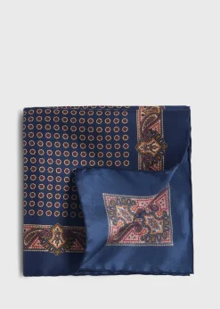 Paul Stuart Pocket Squares^Printed Silk Medallion And Paisley Pocket Square Navy