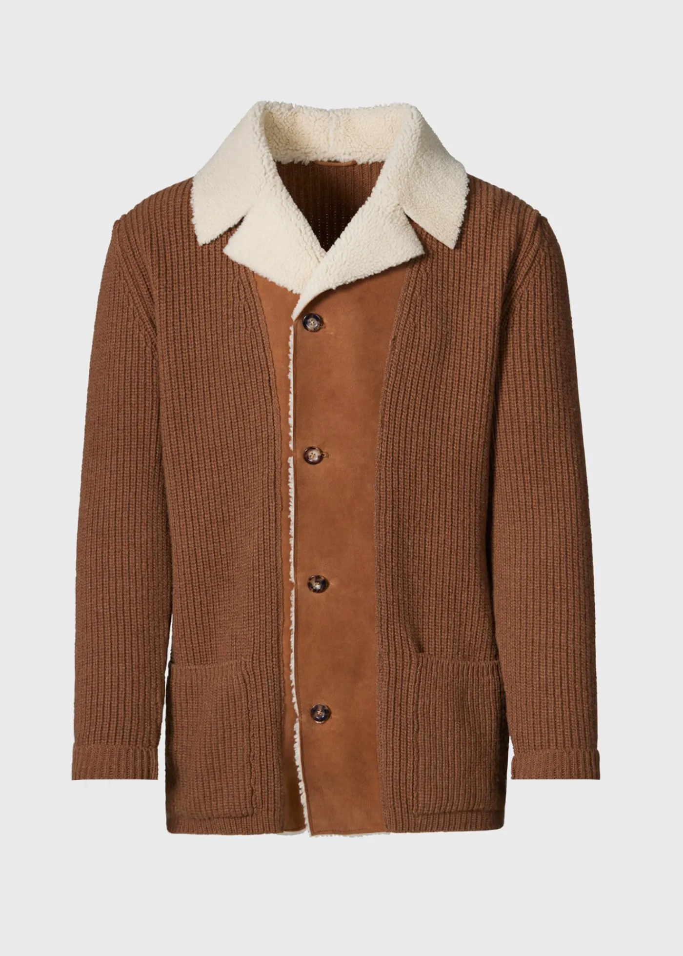 Paul Stuart Outerwear^Shearling Trim Cardigan Tobacco