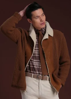 Paul Stuart Outerwear^Shearling Trim Cardigan Tobacco