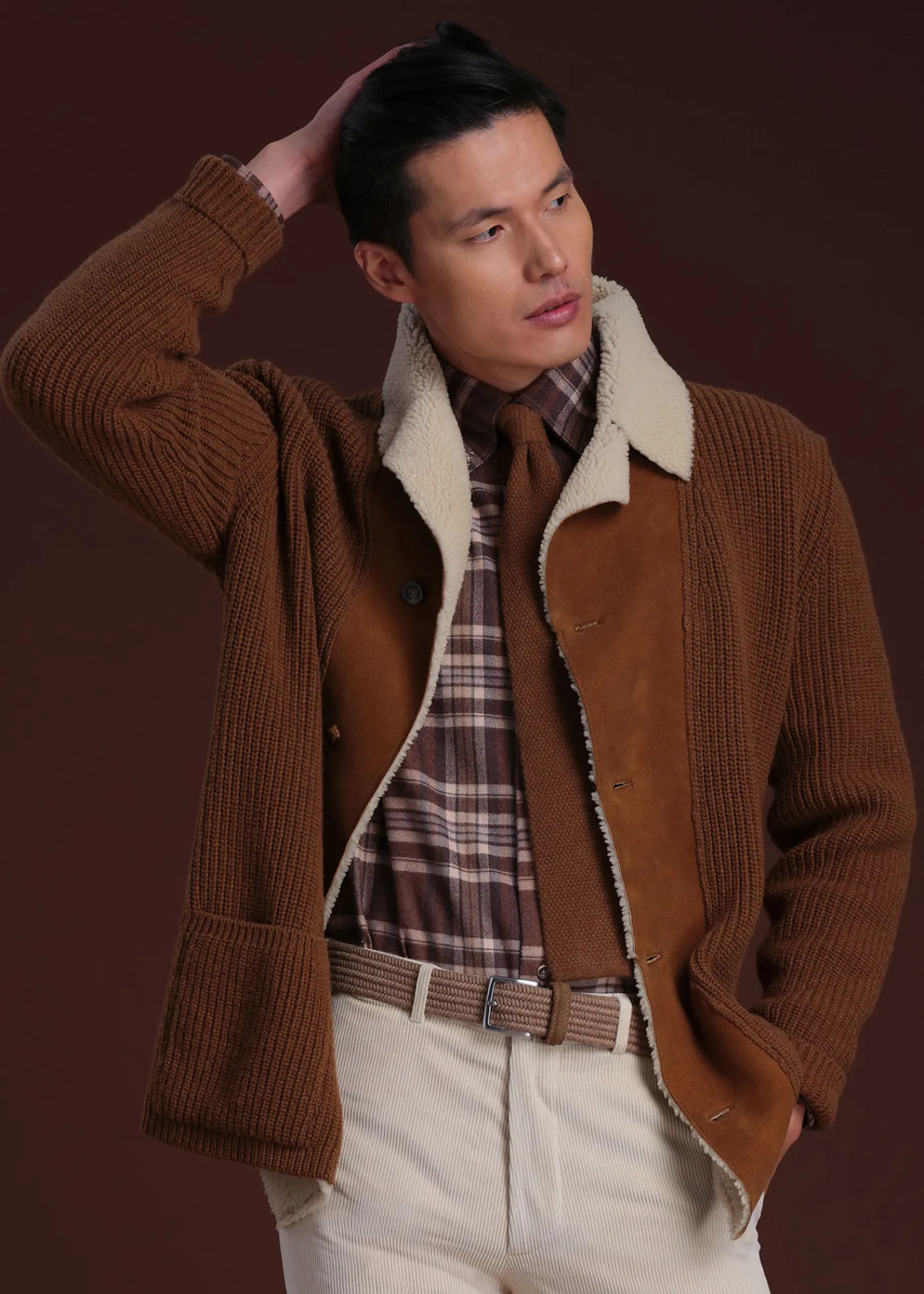 Paul Stuart Outerwear^Shearling Trim Cardigan Tobacco