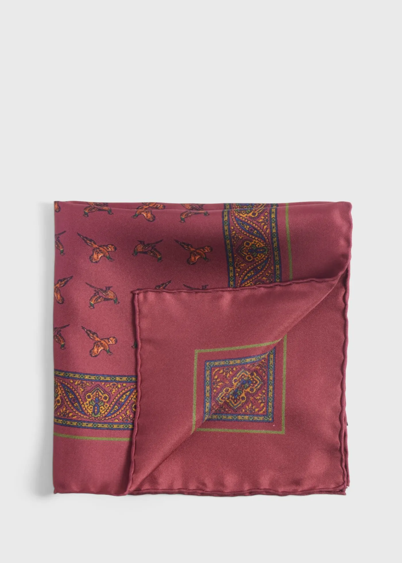 Paul Stuart Pocket Squares^Silk Deco Stripe And Bird Print Pocket Square Burgundy