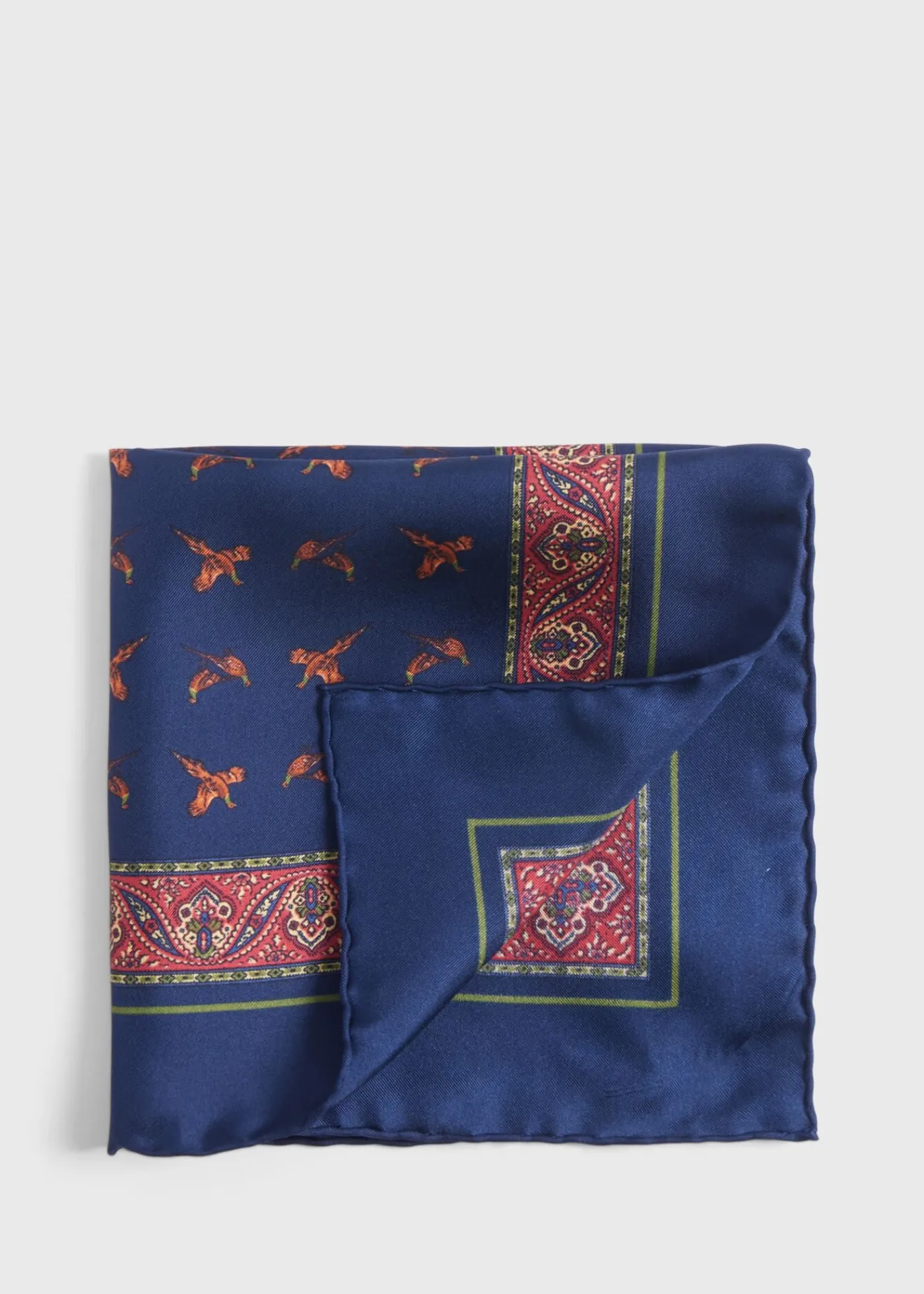Paul Stuart Pocket Squares^Silk Deco Stripe And Bird Print Pocket Square Navy