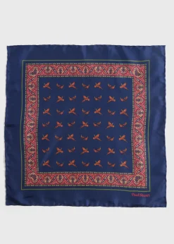 Paul Stuart Pocket Squares^Silk Deco Stripe And Bird Print Pocket Square Navy