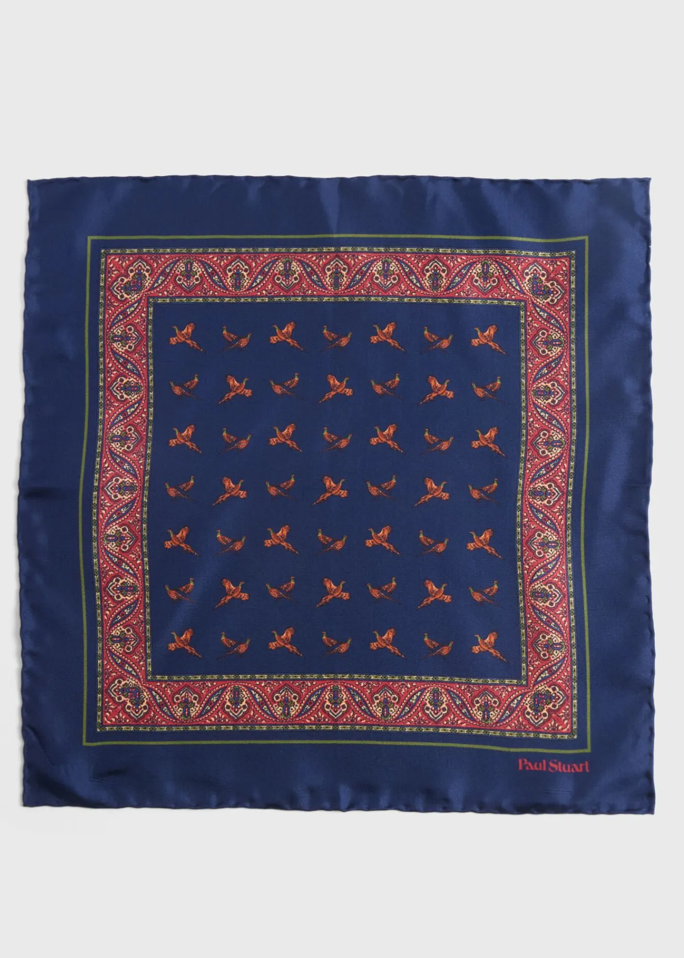 Paul Stuart Pocket Squares^Silk Deco Stripe And Bird Print Pocket Square Navy