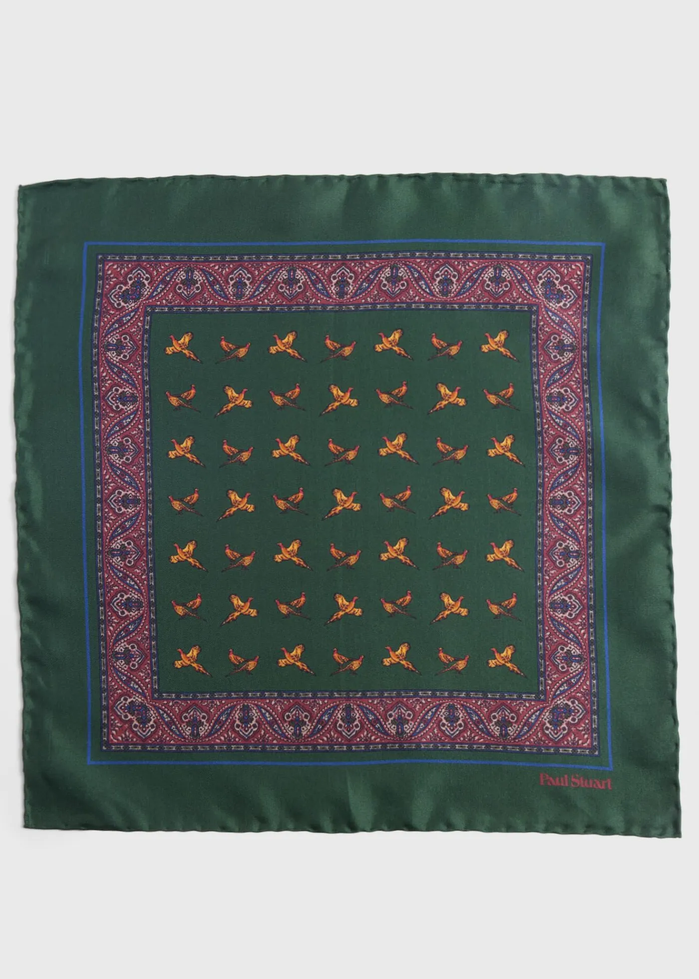 Paul Stuart Pocket Squares^Silk Deco Stripe And Bird Print Pocket Square Olive