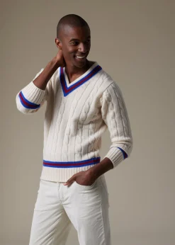 Paul Stuart The Cashmere Shop|Sweaters^Striped V-Neck Tennis Sweater White