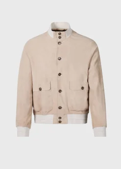 Paul Stuart Outerwear^Suede Button Front Blouson Jacket Sand