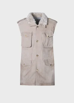 Paul Stuart Outerwear|Vests^Suede Safari Vest With Shearling Taupe