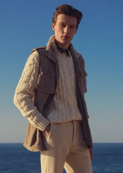 Paul Stuart Outerwear|Vests^Suede Safari Vest With Shearling Taupe