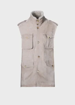 Paul Stuart Outerwear|Vests^Suede Safari Vest With Shearling Taupe
