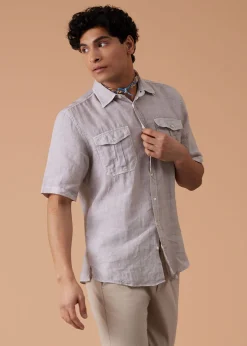 Paul Stuart Sport Shirts^Washed Linen Military Style Shirt Stone