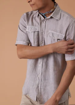Paul Stuart Sport Shirts^Washed Linen Military Style Shirt Stone