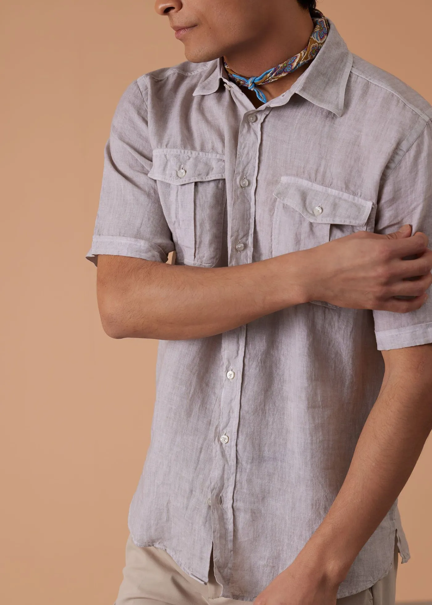 Paul Stuart Sport Shirts^Washed Linen Military Style Shirt Stone
